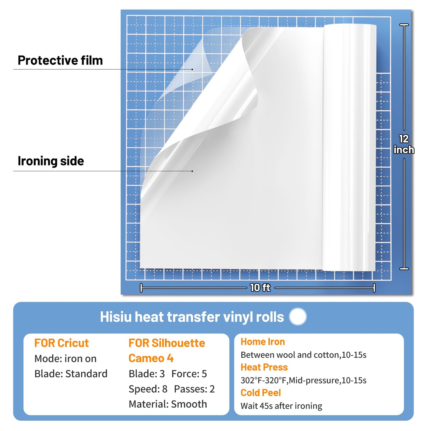 Hisiu White HTV Heat Transfer Vinyl, 12''x10FT White HTV Vinyl Roll, White Vinyl Heat Transfer Iron on Compatible with Cricut and All Cutter Machine, Easy to Cut White Sports Heat Press Vinyl