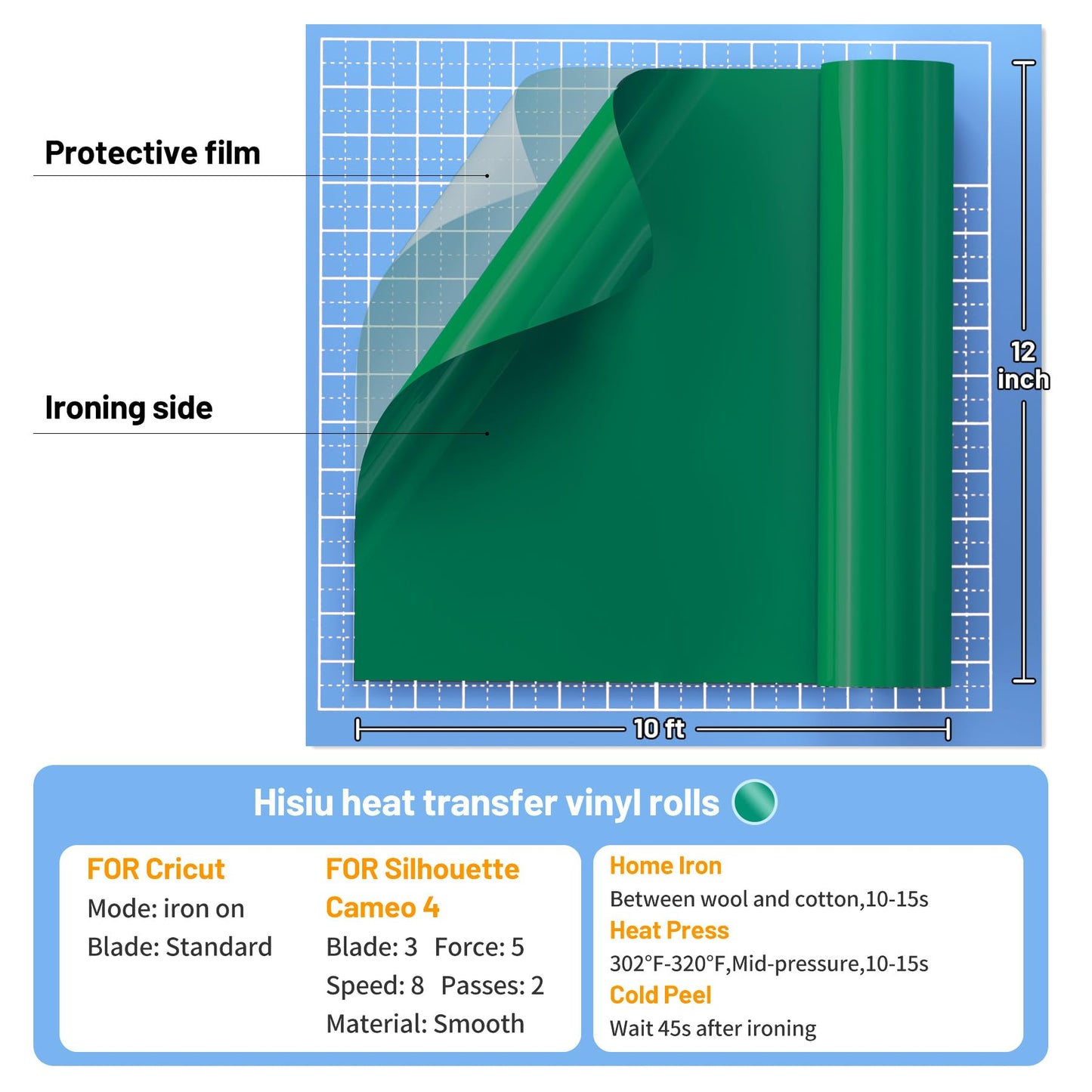 Hisiu HTV Vinyl Roll Heat Transfer Vinyl, Green 12''x25ft Iron on Vinyl Heat Transfer for Shirts, Heat Press Vinyl for All Cutter Machine, Easy to Cut Heat Vinyl for Fabric