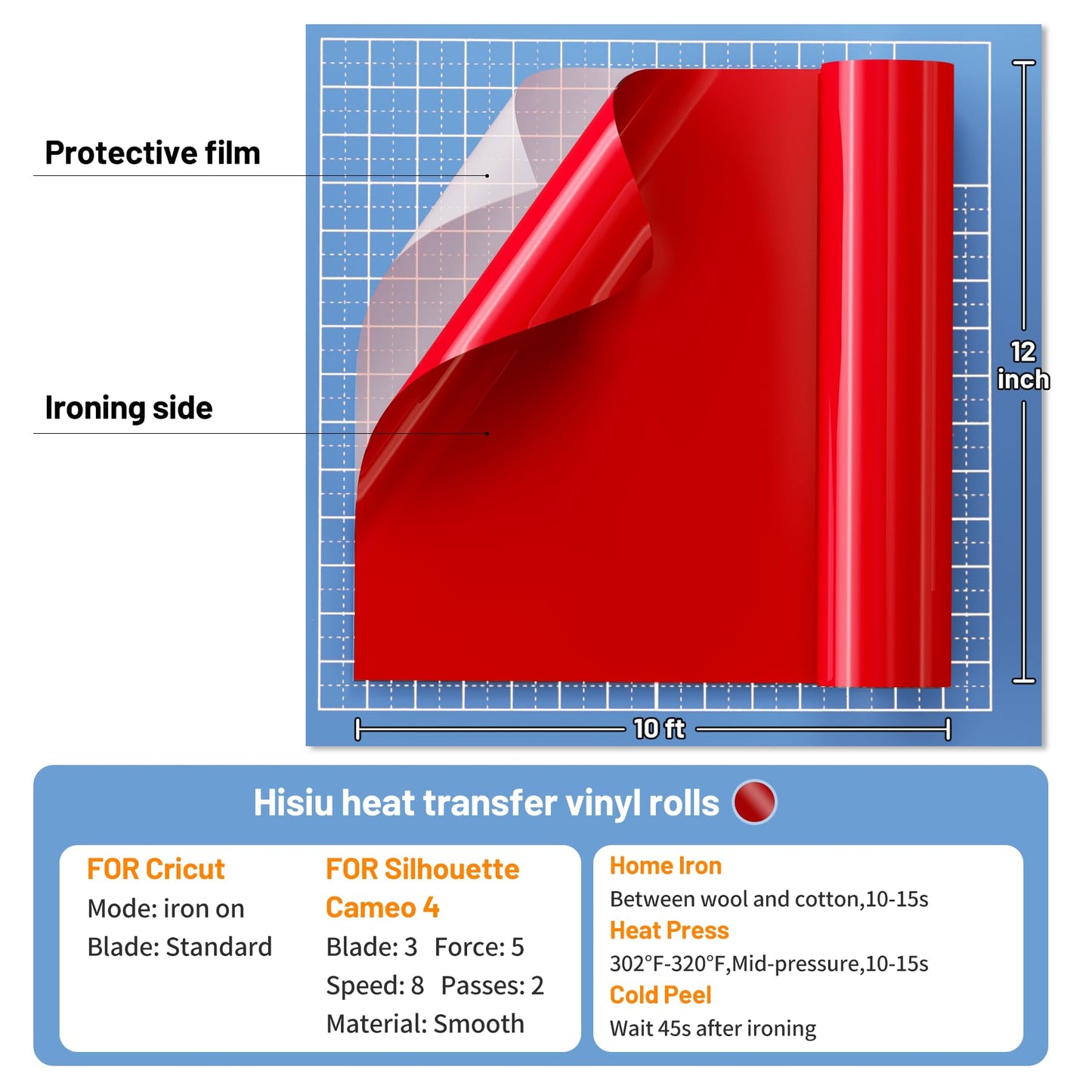 Hisiu Iron on Heat Transfer Vinyl Roll (12''x10ft Red HTV) -Red Vinyl Heat Transfer for Shirts- Iron on Vinyl Compatible with Cricut & Silhouette Cameo, Easy to Cut DIY