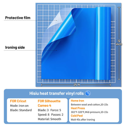 Hisiu HTV Vinyl Roll Heat Transfer Vinyl, Lake Blue 12''x25ft Iron on Vinyl Heat Transfer for Shirts, Heat Press Vinyl for All Cutter Machine, Easy Cut Weed Heat Vinyl for Fabric