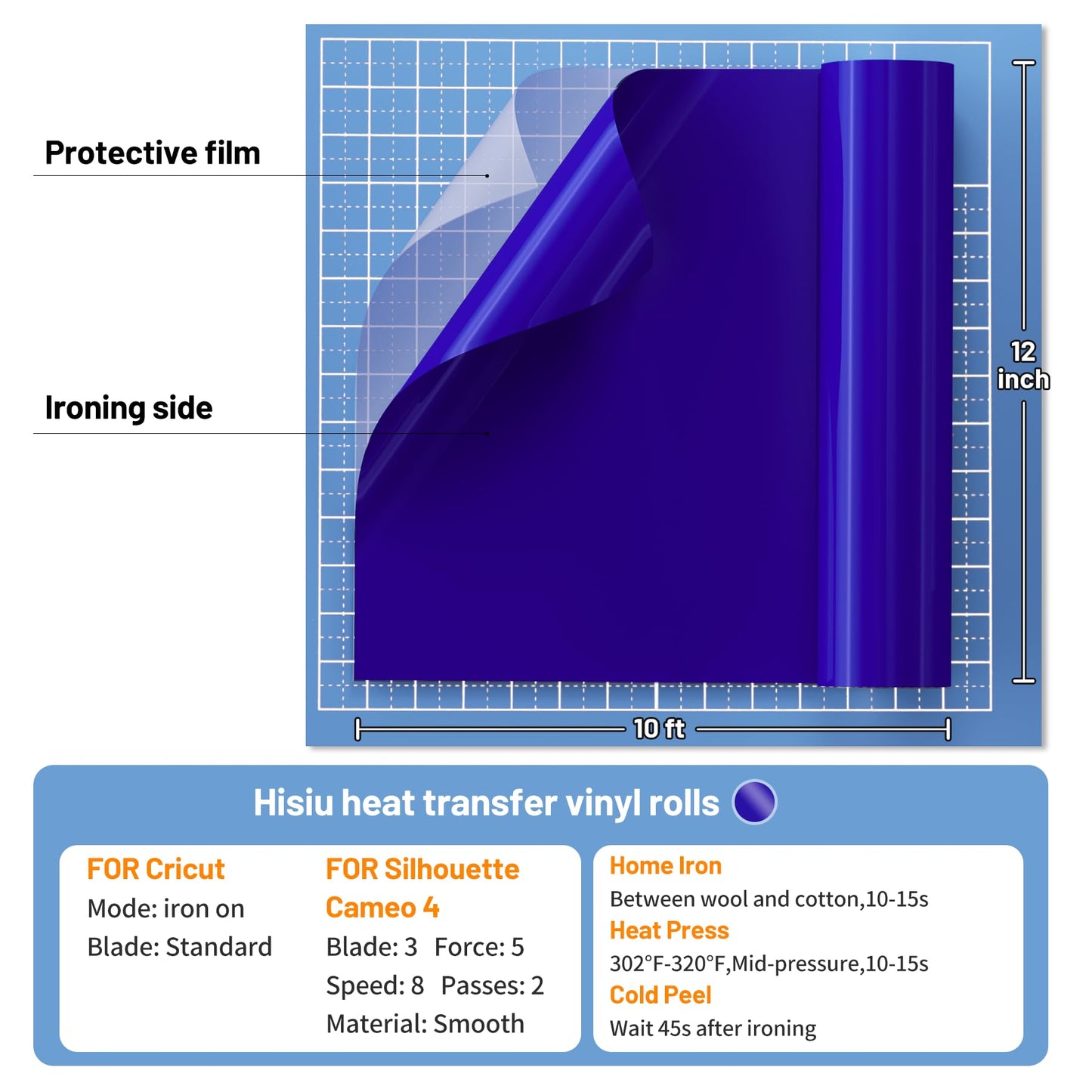 Hisiu Iron on Heat Transfer Vinyl Roll (12''x10ft Royal Blue HTV) -Royal Blue Vinyl Heat Transfer for Shirts- Iron on Vinyl Compatible with Cricut & Silhouette Cameo, Easy to Cut DIY