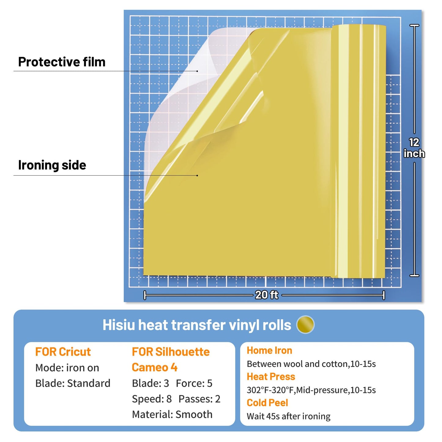 Hisiu Gold HTV Heat Transfer Vinyl for T-Shirts, 12''x20ft Gold Iron on Heat Transfer for Fabric, Iron on Vinyl Compatible with Cricut & Heat Press Machine, Heat Vinyl Easy to Cut Weed