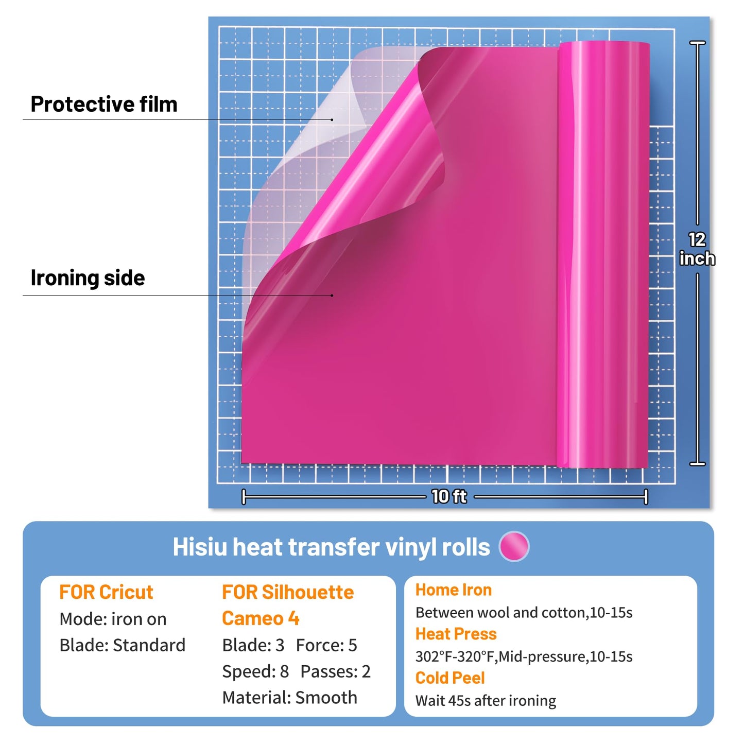 Hisiu Iron on Heat Transfer Vinyl Roll(12''x10ft Pink HTV) -Pink Vinyl Heat Transfer for Shirts- Iron on Vinyl Compatible with Cricut & Silhouette Cameo, Easy to Cut DIY